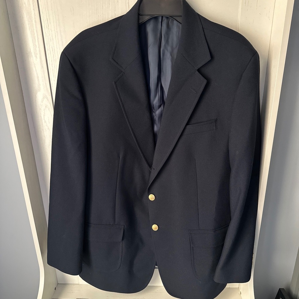 Orvis Mens Travelers Hopsack Wool Blend Blazer Gold Buttons 46R Navy Blue